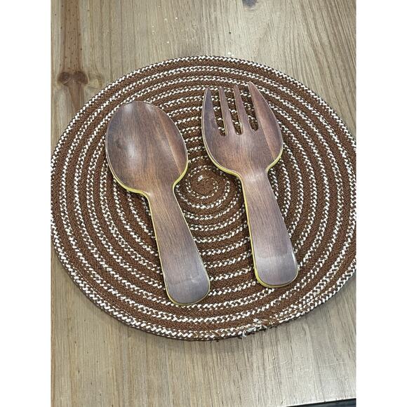 Vintage Salad Servers Decorative Cutlery Yellow Wood Design Spoon Fork Two Piece - Picture 6 of 7